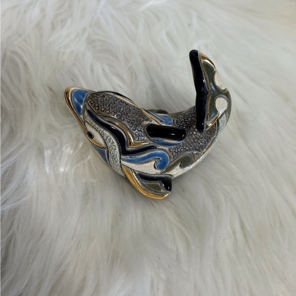 (160)Elegant Blue and Gold Dolphin Sculpture
